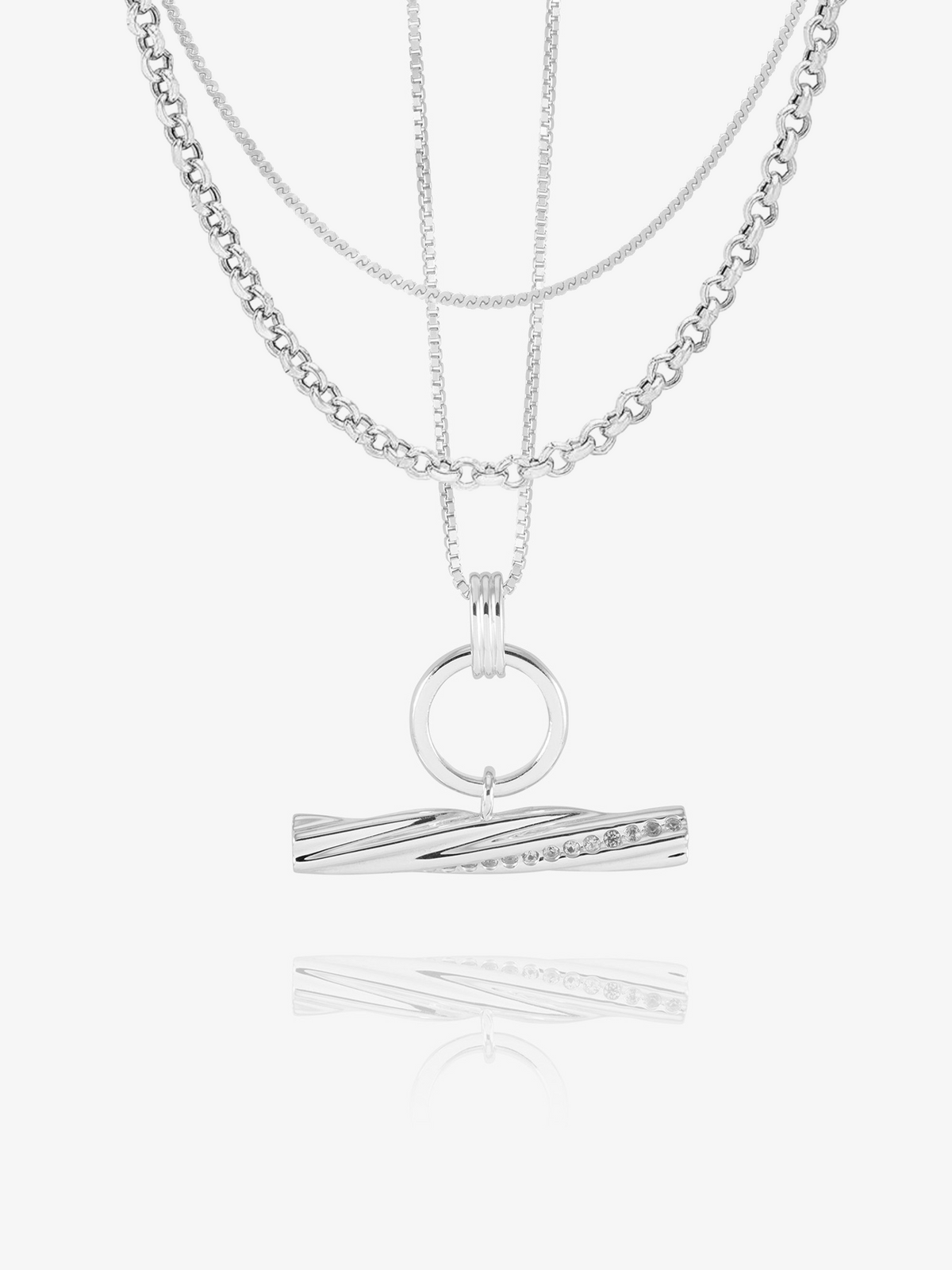 Personalised White Sapphire Twisted T-Bar, Rolo and Serpentine Layered Necklace Set
