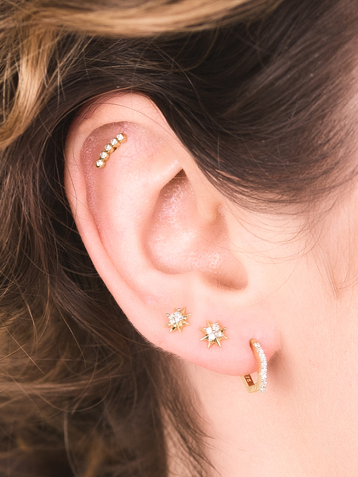 Single Solid Gold and Diamond Curved Stud Earring