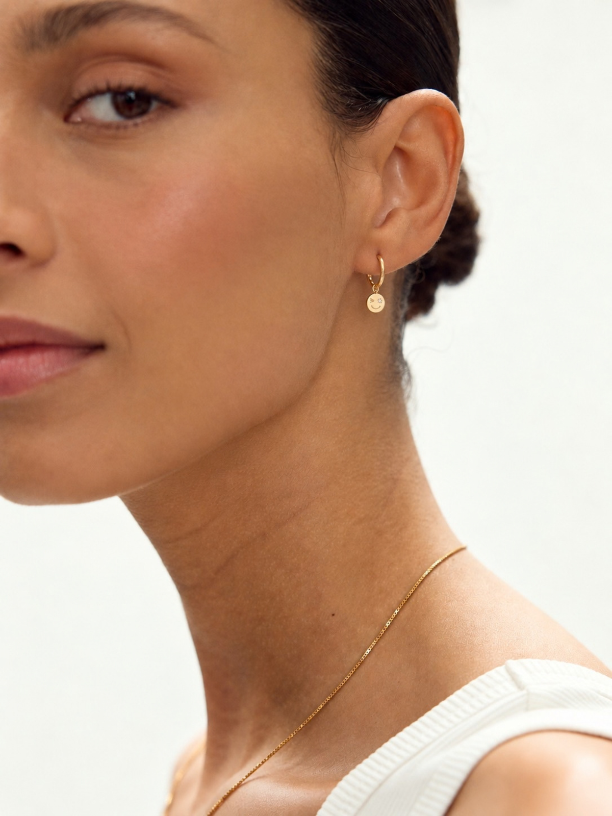 Solid Gold and Diamond Happy Face Huggie Hoop Earrings