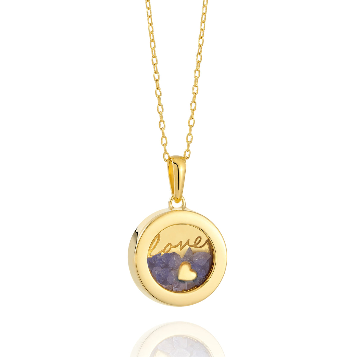 Gold birthstone necklace with &#39;love&#39; engraving and amethyst birthstone