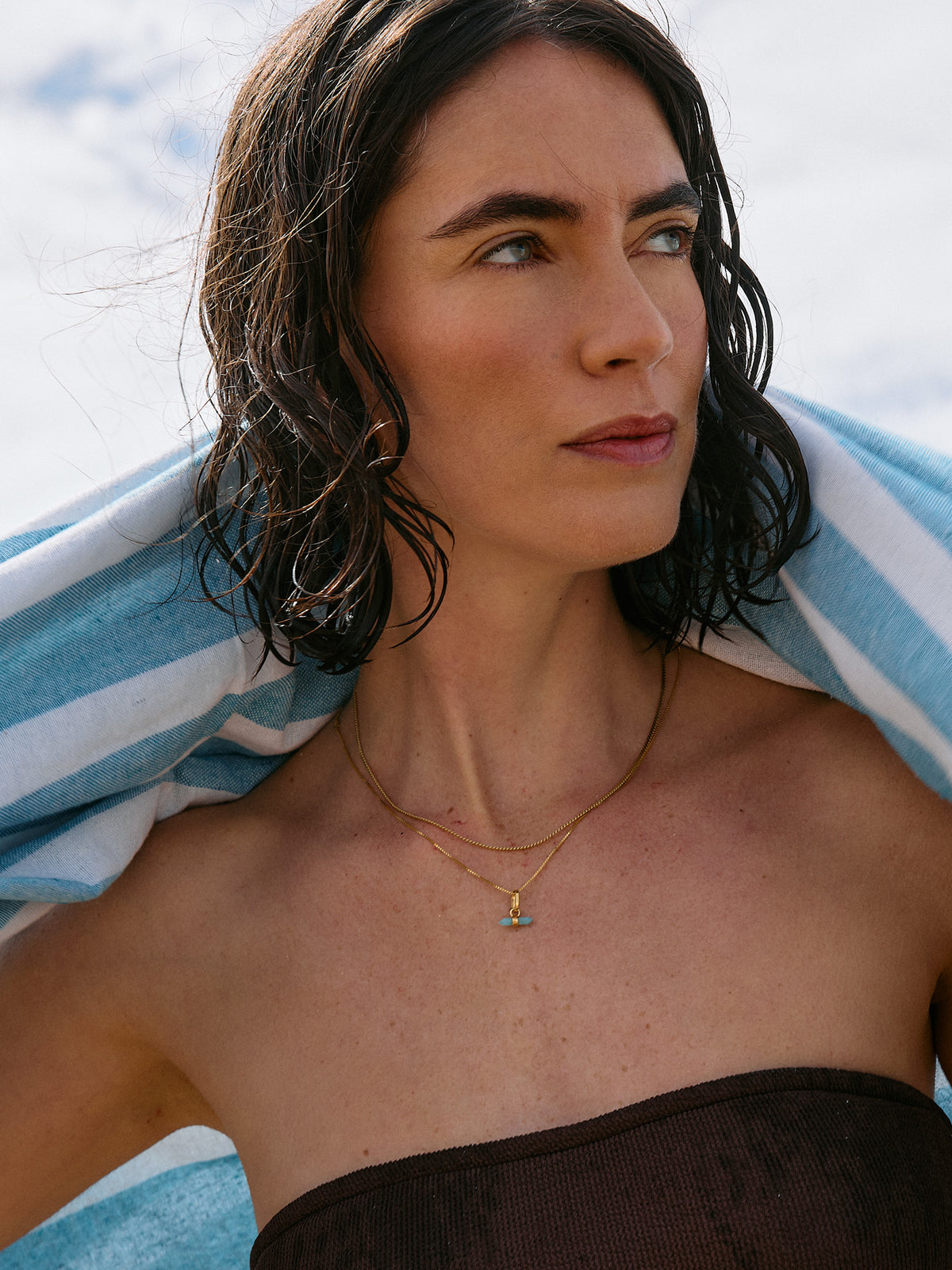 Mini Tranquillity Aquamarine T-Bar and Serpentine Layered Necklace Set