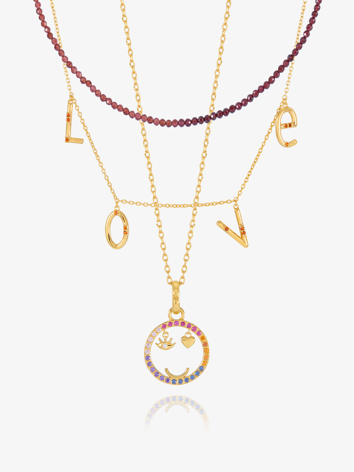 Happy Face, Love & Gemstone Layered necklace Set