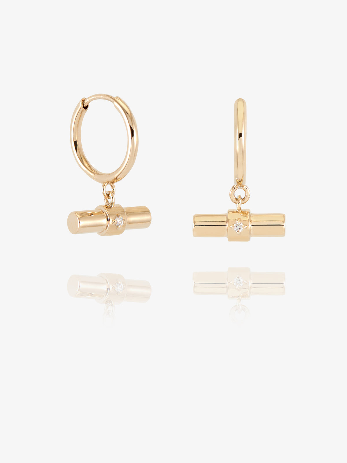 Solid Gold & Diamond T bar Huggie Hoop Earrings
