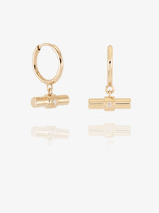 Solid Gold & Diamond T bar Huggie Hoop Earrings
