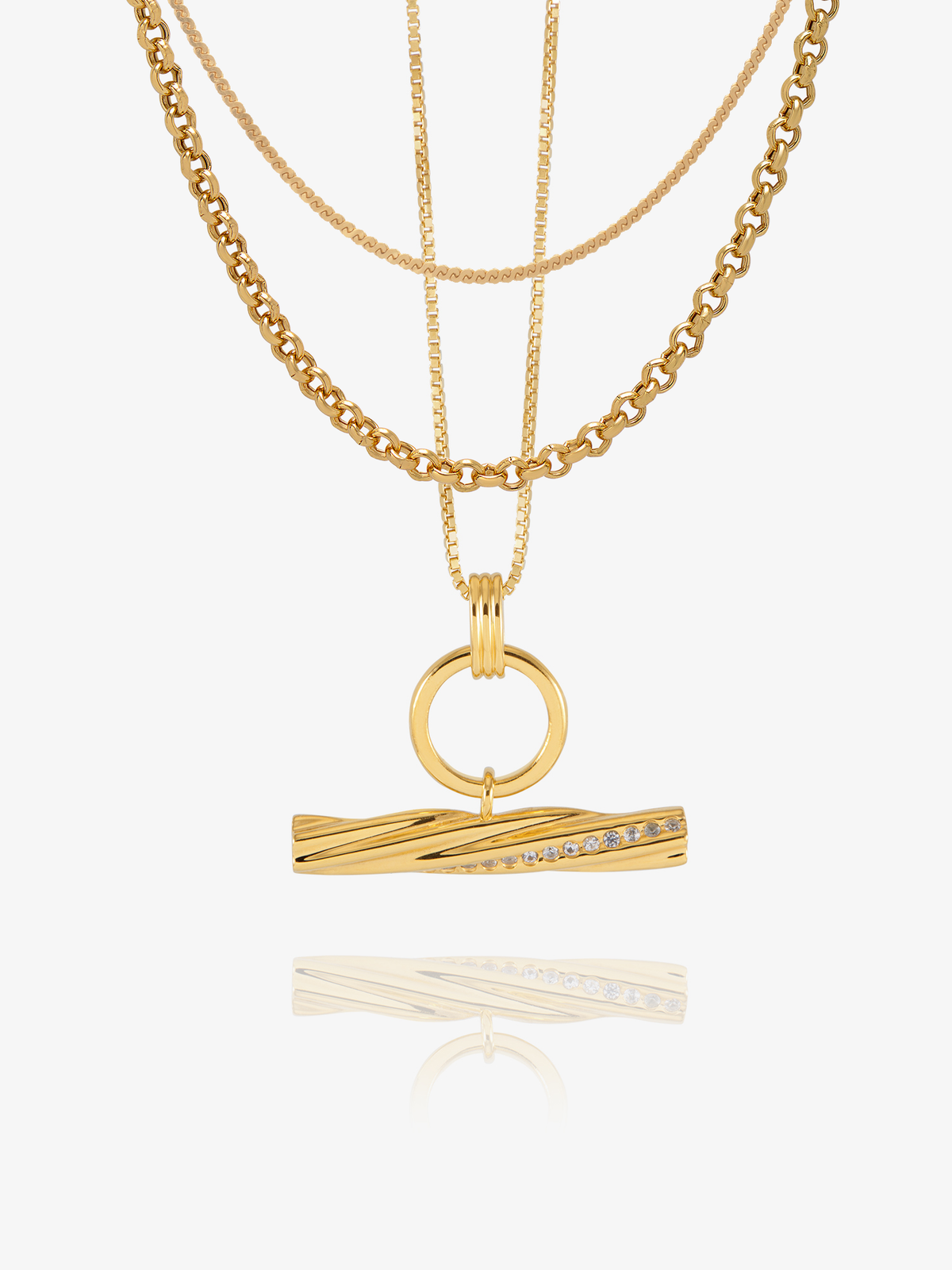 Personalised White Sapphire Twisted T-Bar, Rolo and Serpentine Layered Necklace Set