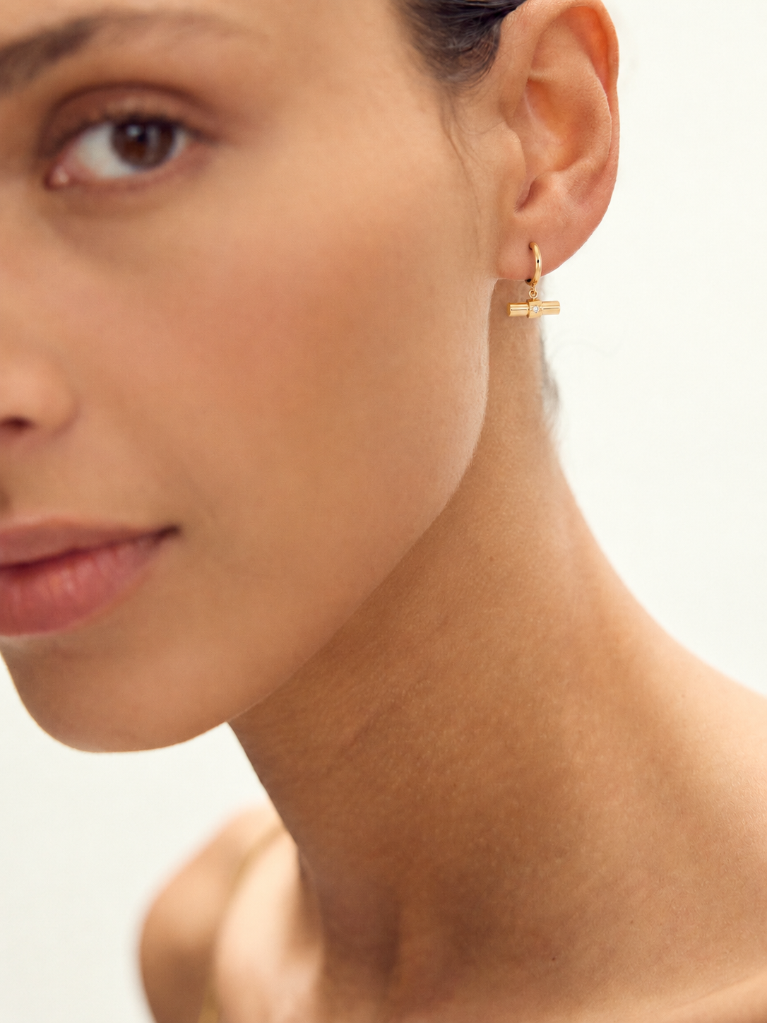 Solid Gold & Diamond T bar Huggie Hoop Earrings