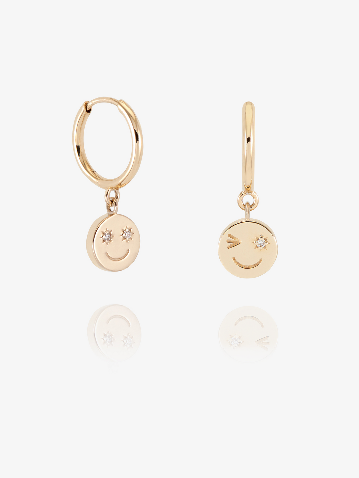 Solid Gold and Diamond Happy Face Huggie Hoop Earrings