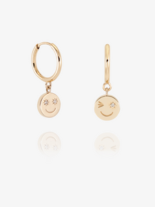 Solid Gold and Diamond Happy Face Huggie Hoop Earrings