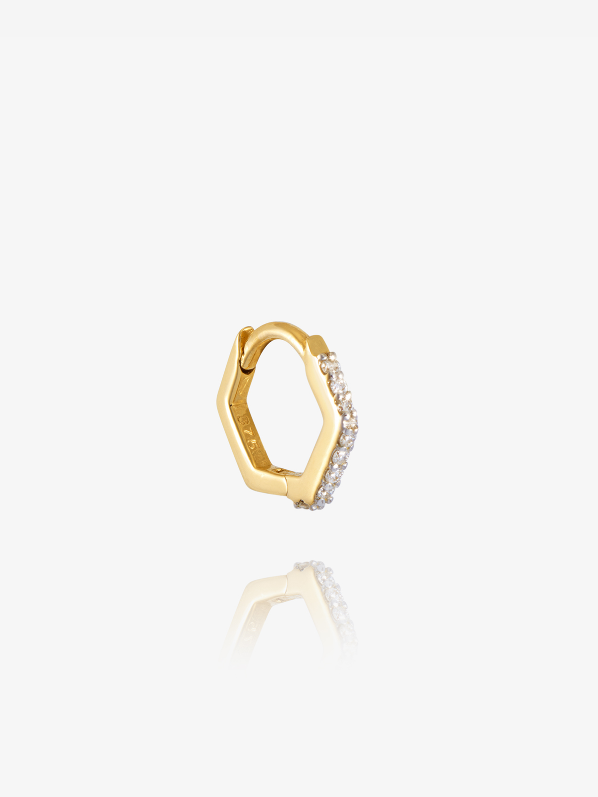 Single Solid Gold and Diamond Hexagon Huggie Hoop Earring