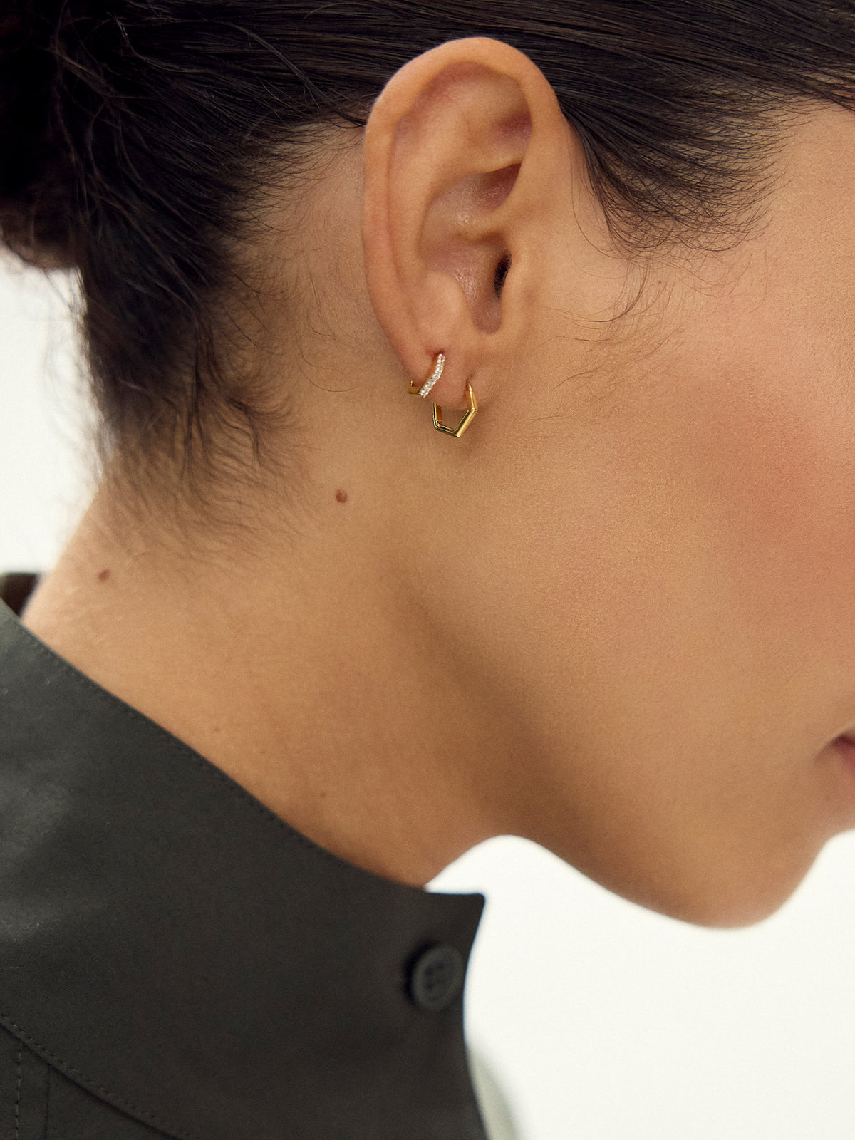 White Topaz Hexagon Huggie Hoop Earrings