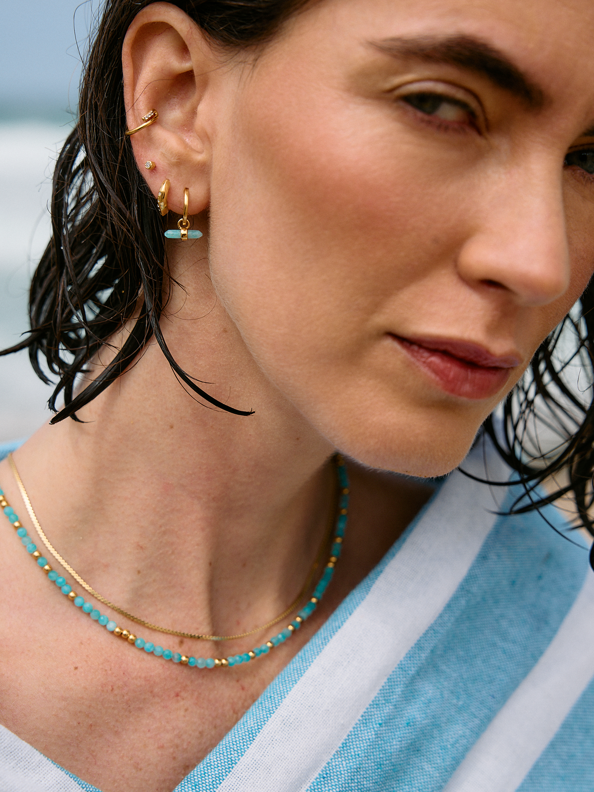 Tranquility Amazonite T-Bar Huggie Hoop Earrings