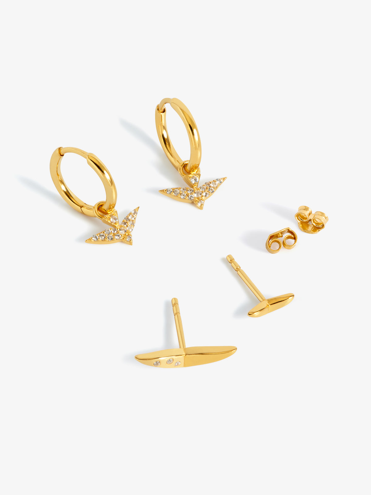 Dreamer Pave Bird Huggie Hoop and Asymmetrical Bird Stud Earring Set