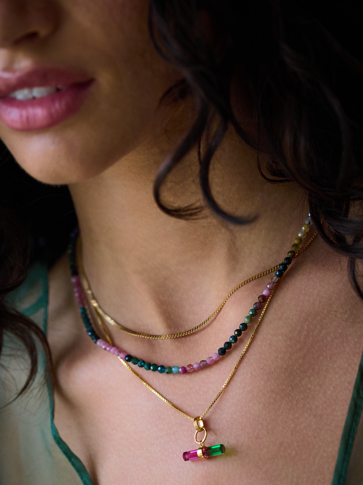 Styled Watermelon T- bar and Gemstone Layered Necklace Set