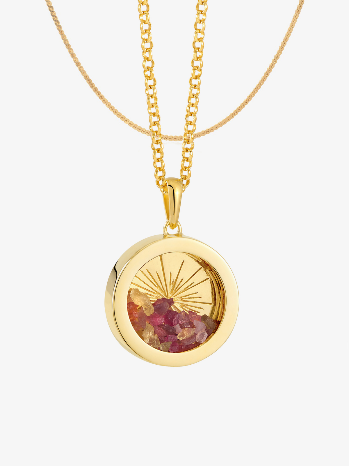 Medium Deco Sun Mixed Birthstone Amulet and Serpentine Chain Layered Set