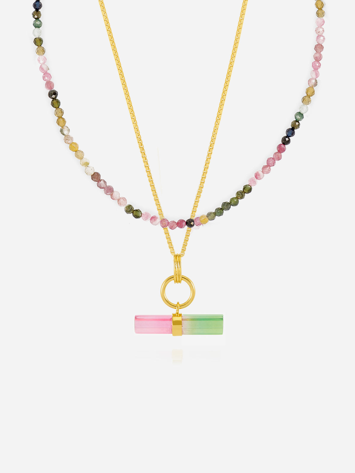 Styled Watermelon T- bar and Gemstone Layered Necklace Set