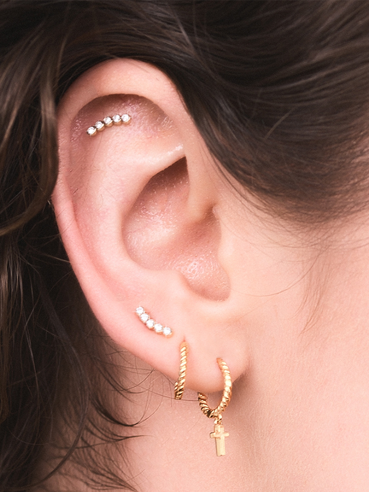 Single Solid Gold and Diamond Curved Stud Earring