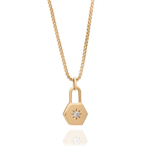Solid Gold and Star Set Diamond Hexagon Padlock Necklace